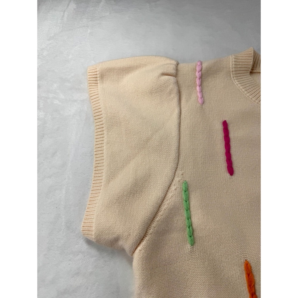 THML Knitted Sweater Women Large Beige Embroidered Crewneck Short Sleeve Classic - Picture 5 of 10
